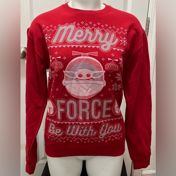 Star Wars Mandalorian Merry Force Be With You Christmas Pullover Sweater Small - Picture 1 of 4